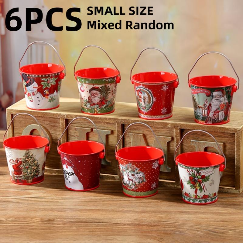 

6pcs Christmas Handheld Buckets Candy Box Santa Snowman Christmas Patterns Tin Box Cookies Container Organizer Xmas Decor Gifts