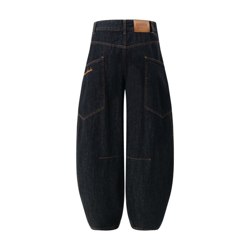 Mens Relaxed Fit Washed Denim Jeans Streetwear Loose Wide Leg Pants With Contrast Stitching