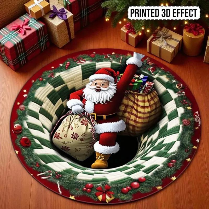 Santa Claus Toys Gifts Christmas Rug 3D Optical Illusion Round Carpet Festive Holiday Decor Santa Rug for Kids Room Winter Home