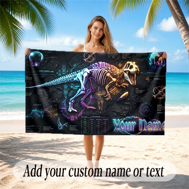 Dinosaur Theme Quick Dry Beach Towel Custom Name Text Print Large Sand Resistant Towel Beach Vacation