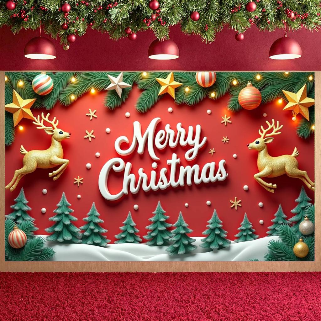 Festive Banner Pine Branch Reindeer Banner Merry Christmas Banner Golden Reindeer For Indoor Celebration Festive Event Office