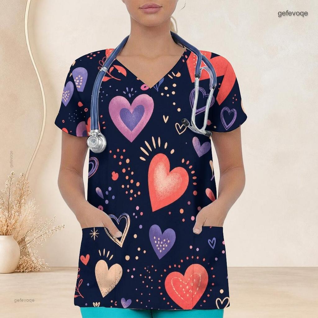 Women Plus Size V Neck Short Sleeve Scrub Top Pink Watercolor Heart Valentine Print Nurse Uniform Top