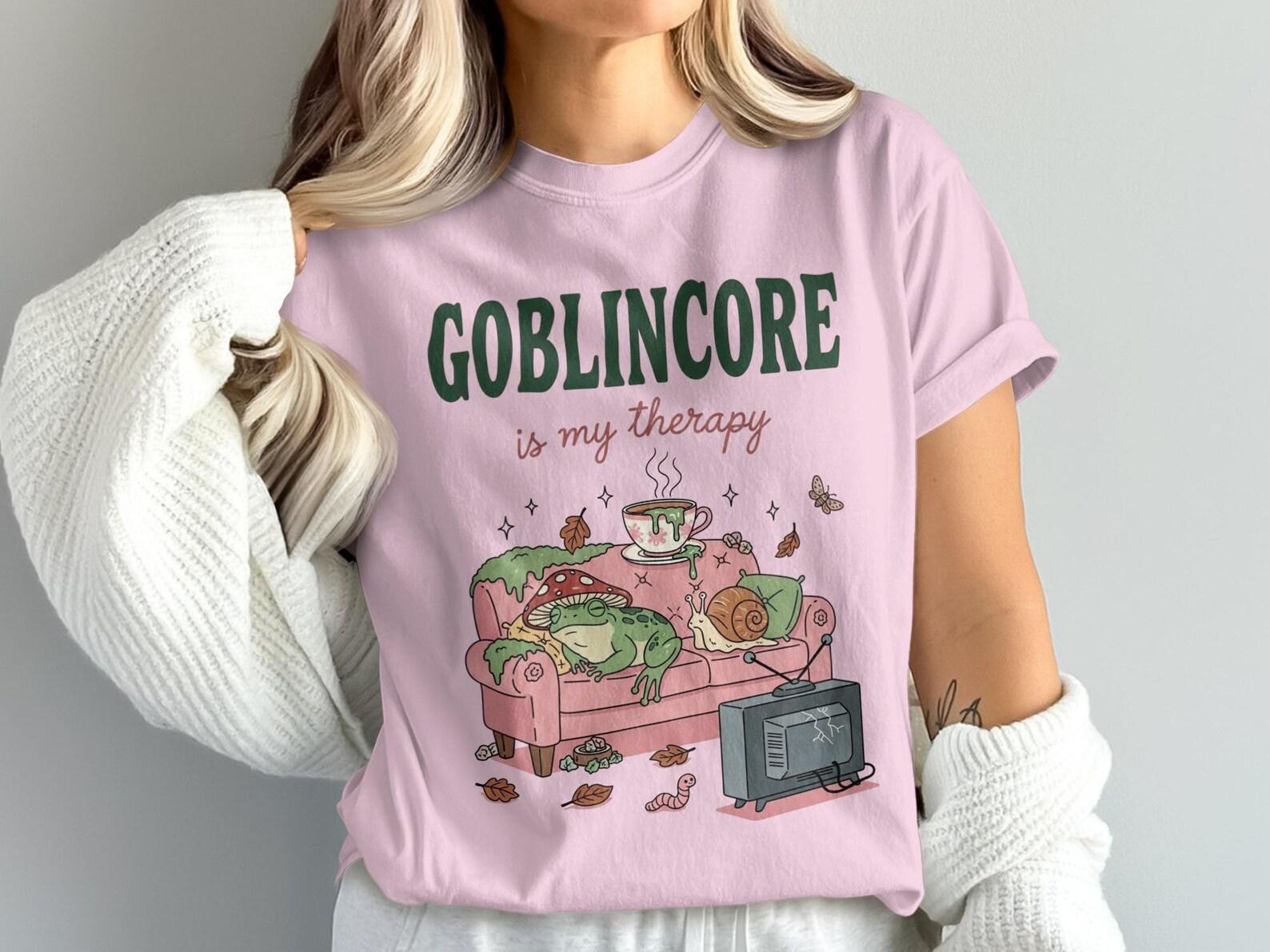 Goblincore is My Therapy T-Shirt, Cozy Gamer T-Shirt, Gamer Girl Gift, Goblincore T-Shirt, Cottagecore Shirt, Funny Meme Shirt 4XL