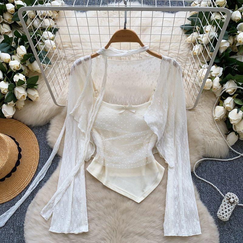 

Atmosphere Sense Fairy Top 2025 New Design Sense Irregular Mesh Patchwork Cami + Long sleeve Outerwear Apricot All yards