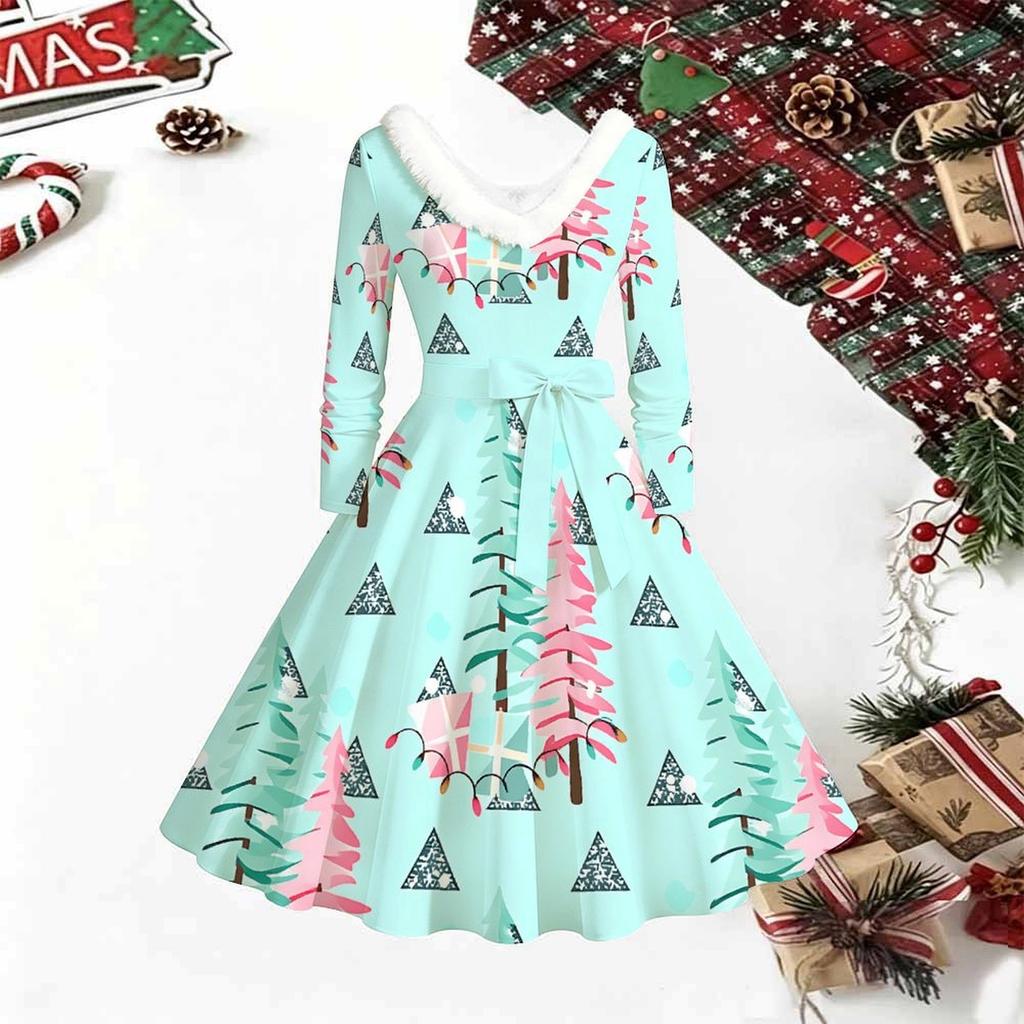 Women Christmas Tree Print Midi Dress, Long Sleeve V‑Neck Furry Trim A‑Line Party Dress, Christmas Limited Edition