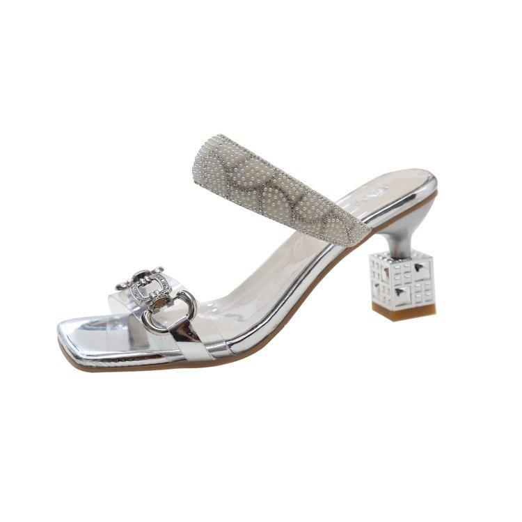 

Gentle bow thick heel sandals women s 2025 summer new one-word with transparent rhinestone square head open-toed fairy shoes 34 серебряный