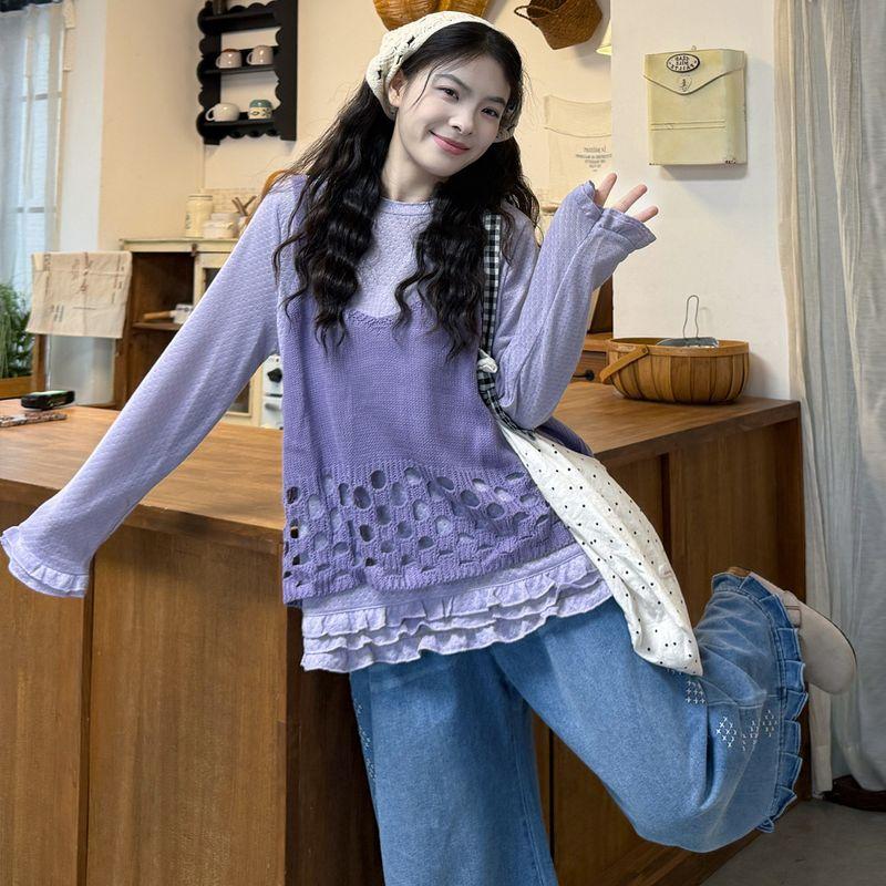 Plus-Size Women s Clothing 2026 Spring Sweet Base T-Shirt + Layered Hollow-Out Camisole + Jeans Set Single Suspender M