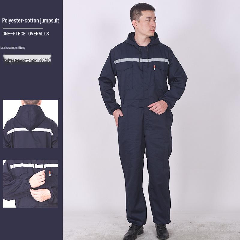 Men's Reflective Polyester-Cotton Jumpsuit with Hood - Breathable, Wear-Resistant, Ideal for Spring & Autumn Repair Work.