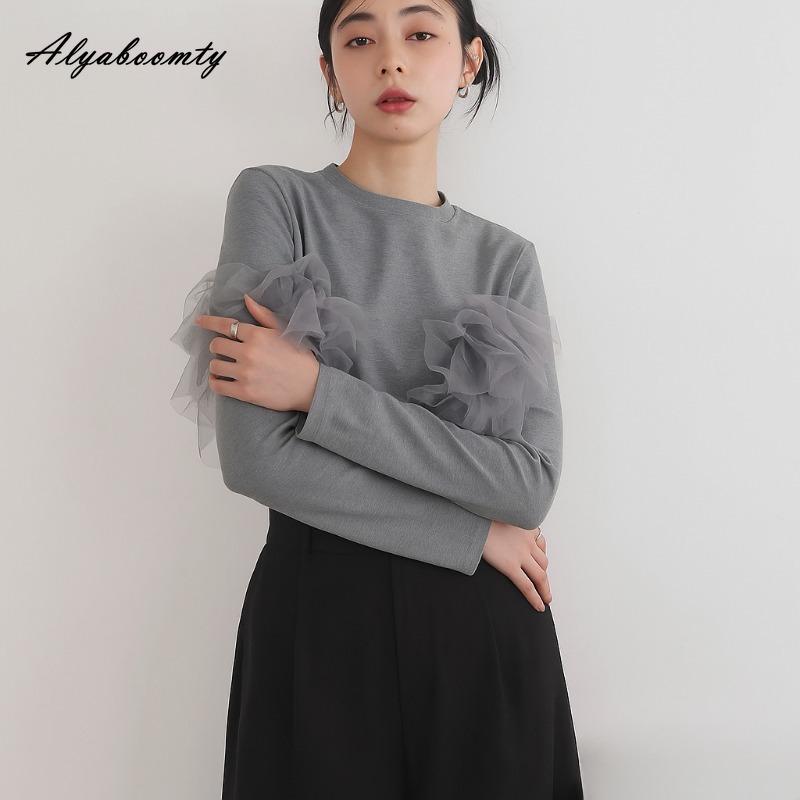 Korean Ulzzang Spring Autumn Women Streetwear Top O Neck White Gray Black Ruffles Patchwork T-Shirt Stylish Feminine Ladies' Tee