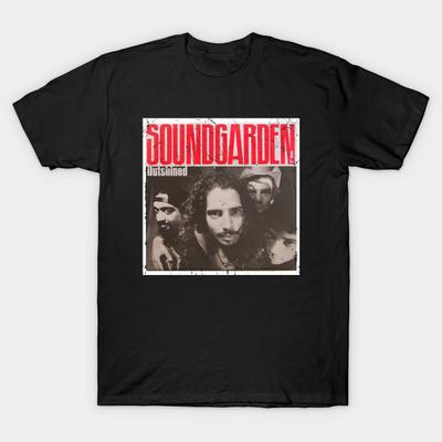 Men Black Print T-shirt Soundgarden Vintage No-Cut Heat Transfer Print Cotton Tshirt