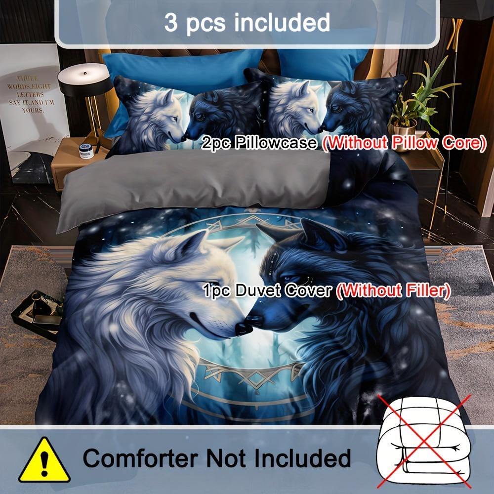 Wolf Pattern Duvet Cover Set-Animal Print Breathable All-Season Zipper Closure, Woven Sanded Polyester Fabric, Digital Printing