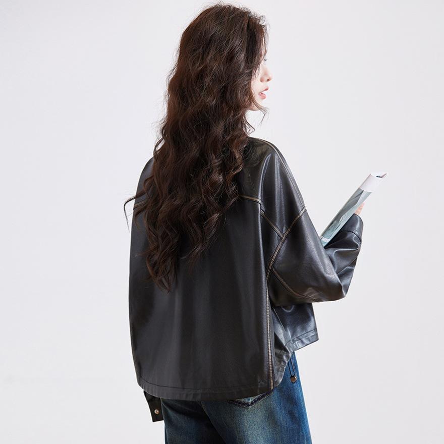 Fashion loose shoulder sleeves black leather jacket spring and autumn new fashion versatile locomotive style leather jacket women