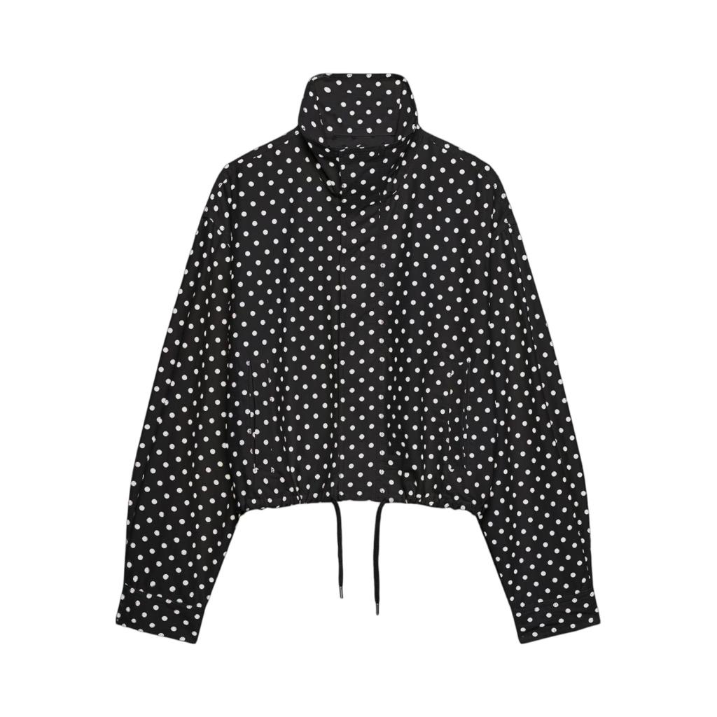 Chaqueta Ligera de Mujer con Cuello Alto, Lunares, Mangas Abullonadas, Dobladillo con Cordón, Ropa Exterior Casual