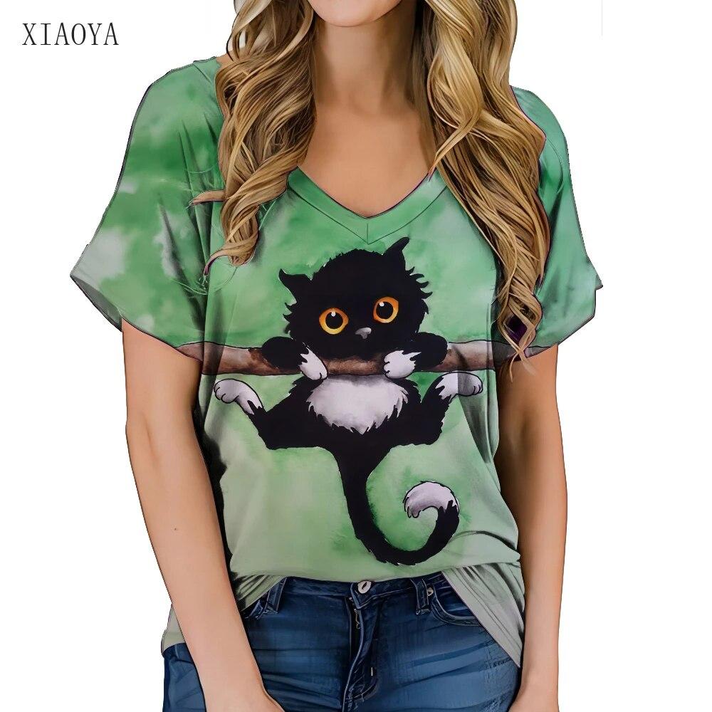 Fashionable Women's Clothing V-neck Kitten Print T-shirt Street Hot Selling Homestay Casual Top Summer Personalized Women Shirt
