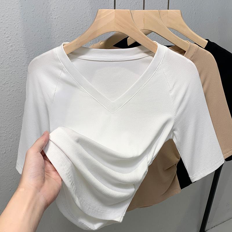 Solid Color Mid-sleeved T-shirt for Women New Women's Clothing Temperament V-neck Thread Base Shirt Pleated Waist Raft Top