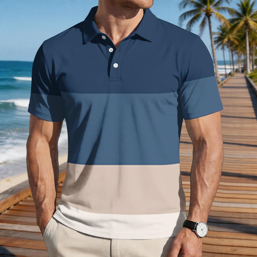 Men’s Loose Fit Striped Print Polo Shirt Short Sleeve Casual Turn Down Collar Lightweight Top for Everyday Wear