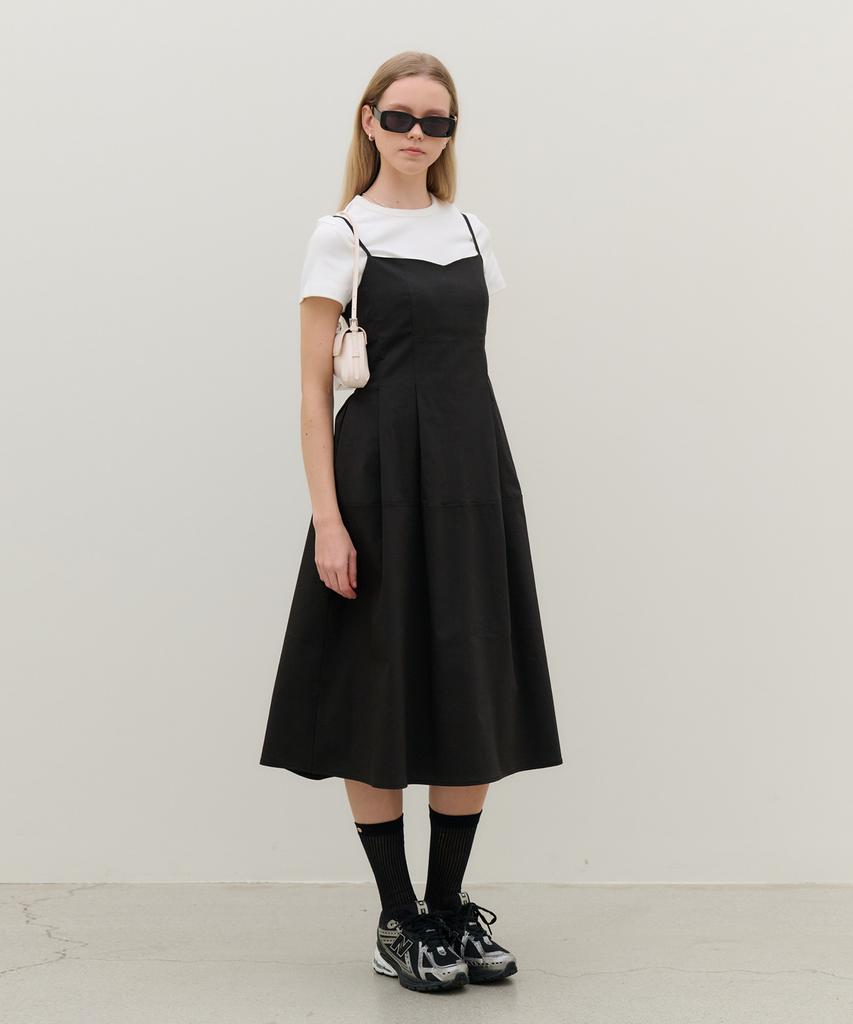 Metapeo Met Seersucker Pleated Bustier Dress Cool Black [Belt Included]