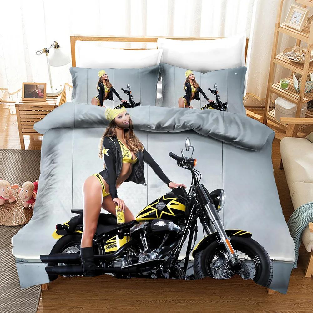 

Sexy Girl Motocross Duvet Cover Extreme Sports Theme Bedding Set For Boys Teens Man Microfiber 3D Beauty Queen King Quilt Cover EU Single(135*200cm)3pcs