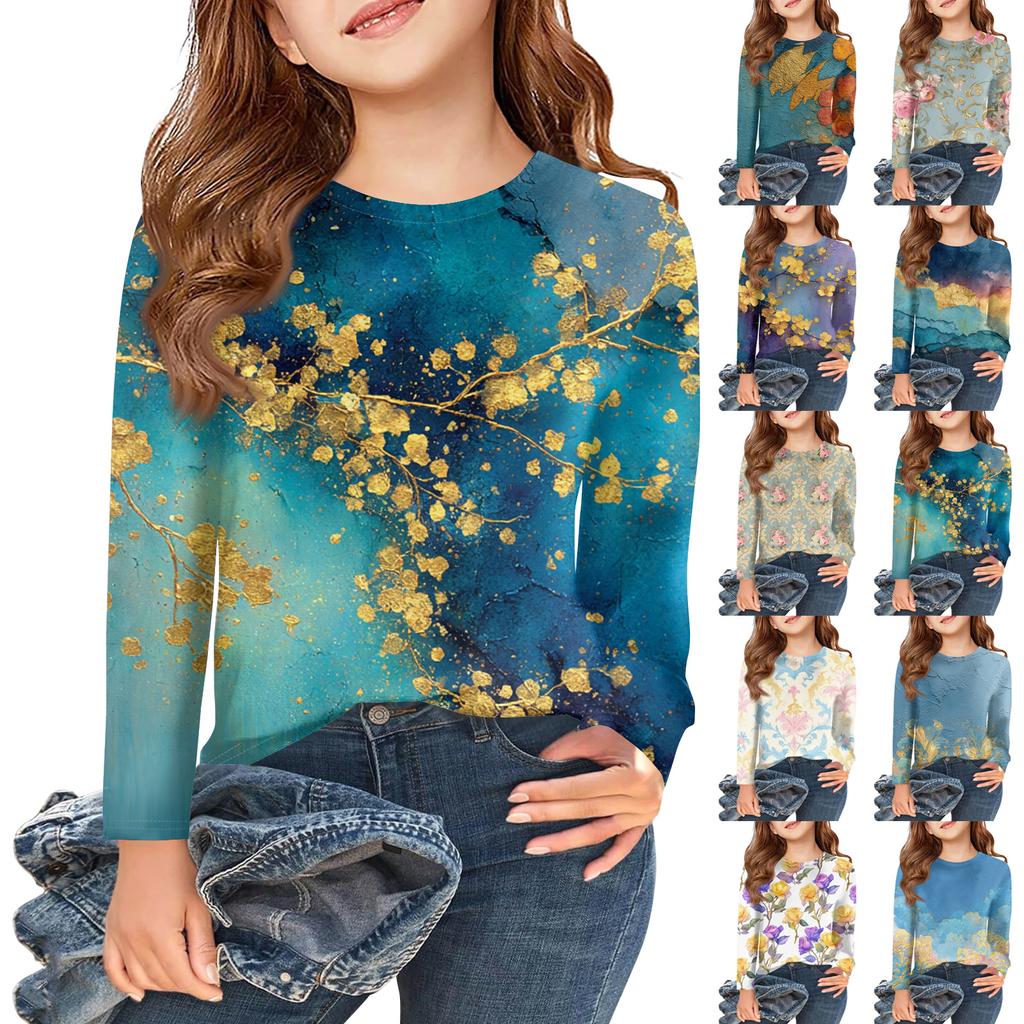 Girls Long Sleeve T Shirts Kids Fall Tops Crewneck Printed Basic Tees