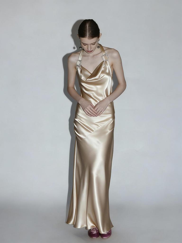 Elegant Acetate Halter Neck Dress with Crystal Buckle