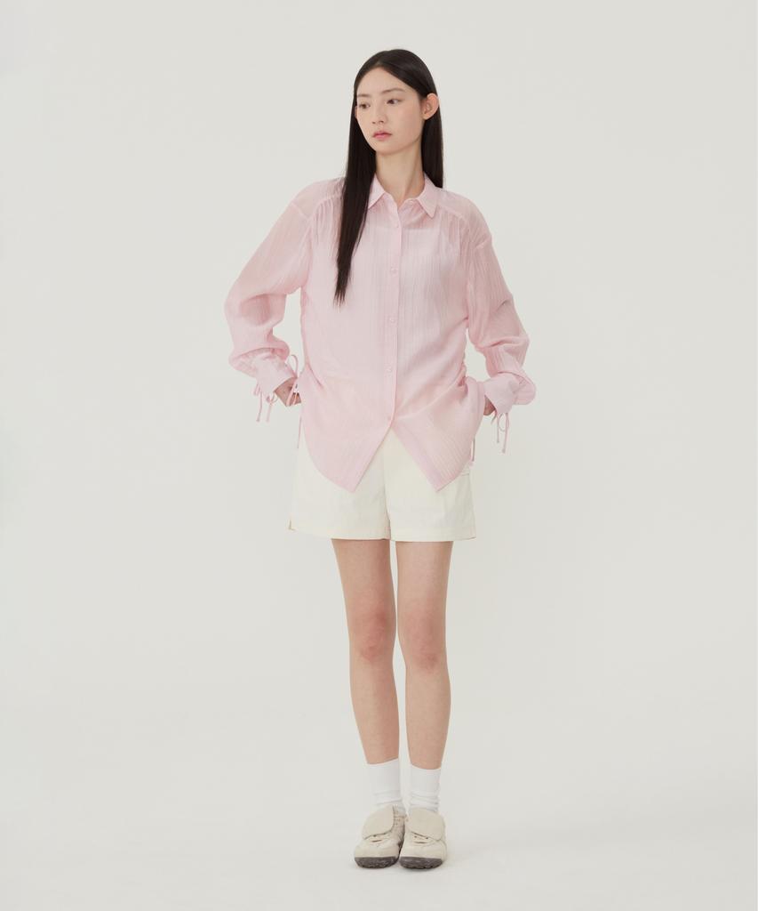 COVERNAT WOMAN Oversized Sheer Shirred Blouse Light Pink