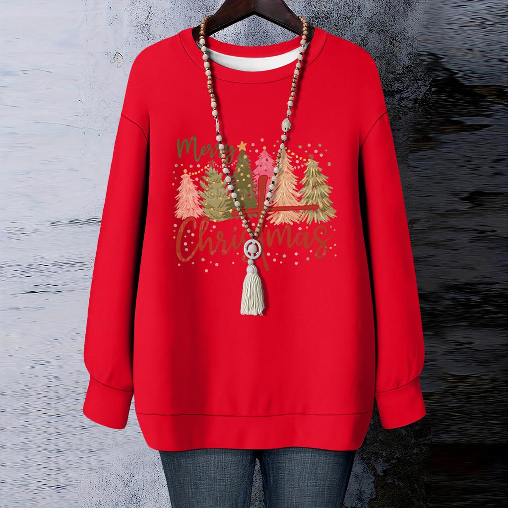 Ladies' Christmas Printed Round Neck Long Sleeved T-shirt Sweatshirt Top