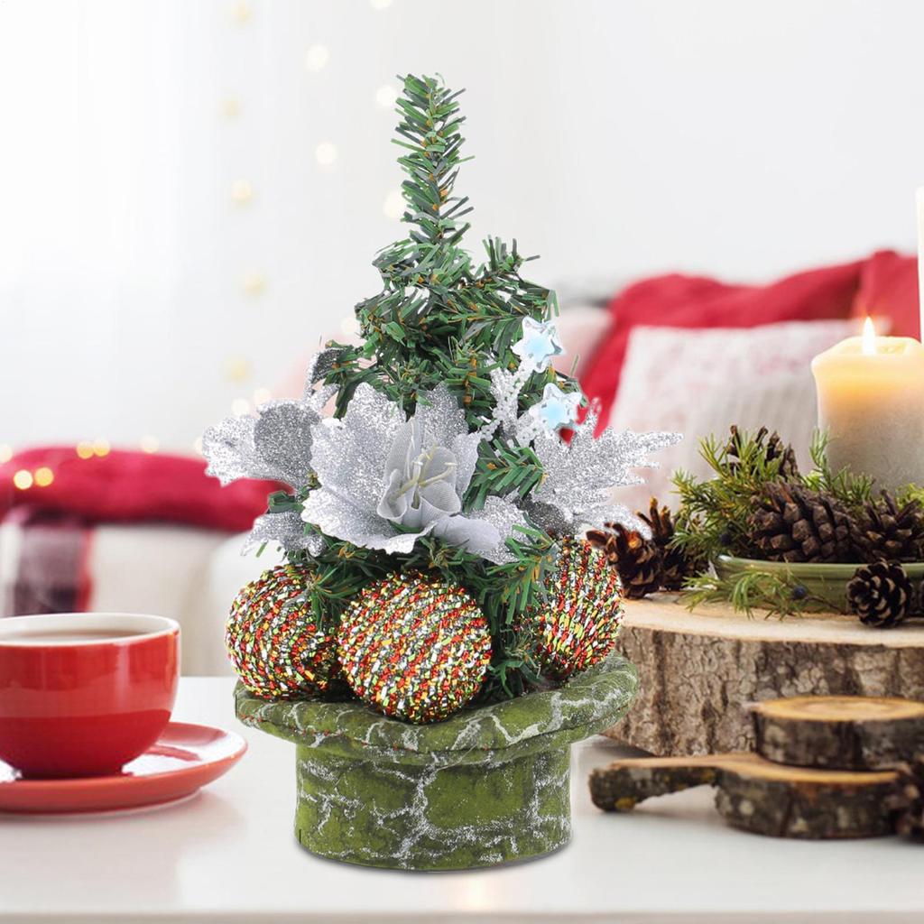 Desk Christmas Tree 8.66in Holiday Ornaments With Ball And Flower Artificial Christmas Tree For Home Workplace Coffee Shop