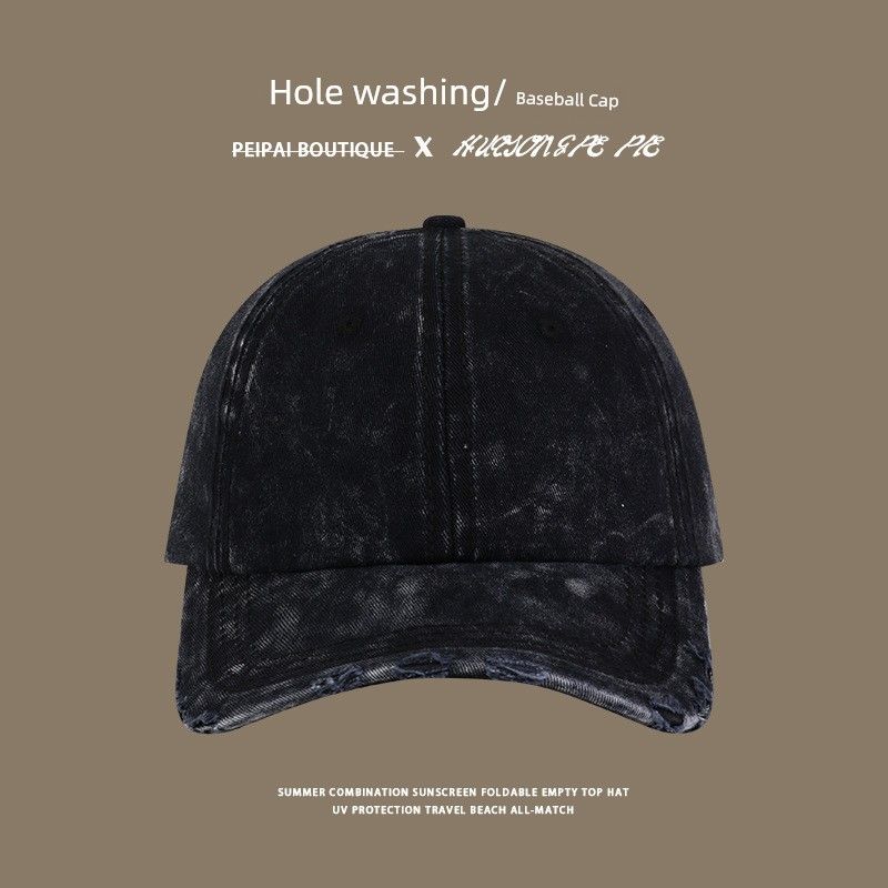 

New Arrival Korean Washed-out Distressed Retro Easy Matching Minimalistic Temperamental Peaked Cap Sun-Proof Face-Looking Small Fancy Baseball Cap C2952 brim hole washed baseball cap Black