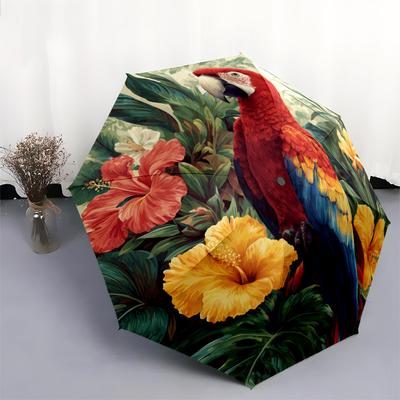 0106 Parrot In Flower Bush  Pattern, Automatic Folding Umbrella, Portable and Foldable Design, 8 Ribs, a Christmas or Birthday Gift.