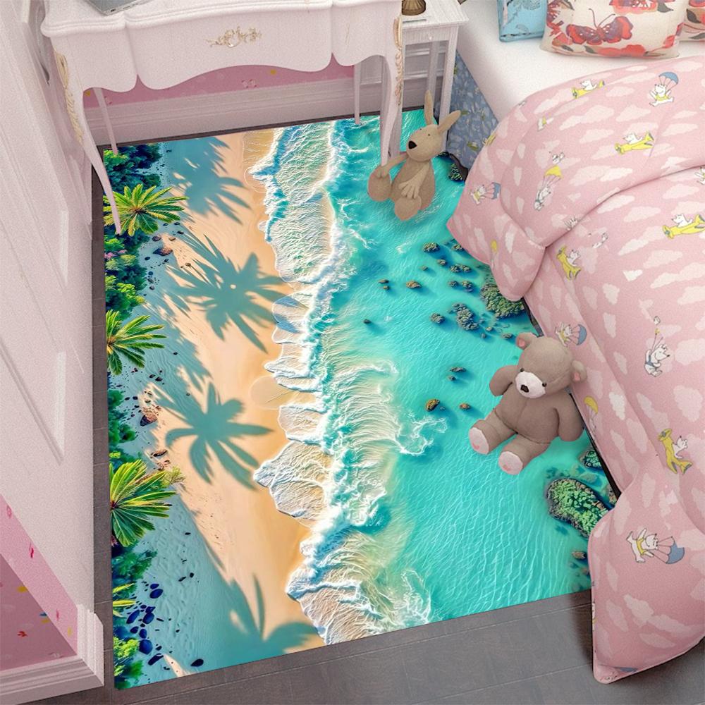 Large Vibrant Seaside 3D Area Rug with Waves and Sandy Beach Living Room Bedroom Non-slip Floor Carpet Home Decor