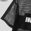 INCERUN Men O Neck Short Sleeve Letter Print Fishnet Mesh Sheer T-Shirts Tops