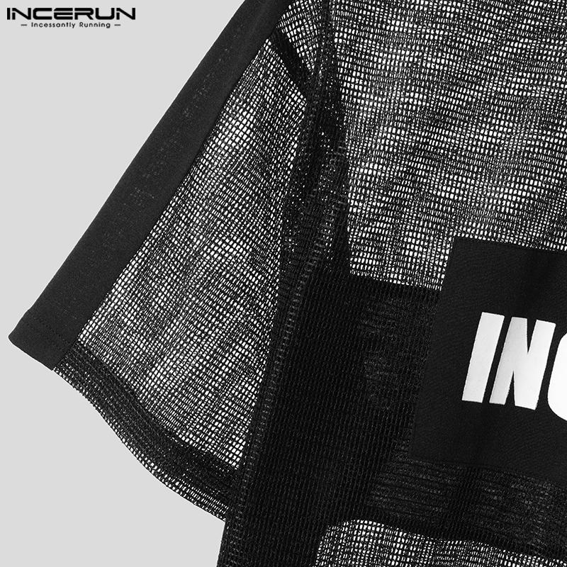 INCERUN Men O Neck Short Sleeve Letter Print Fishnet Mesh Sheer T-Shirts Tops