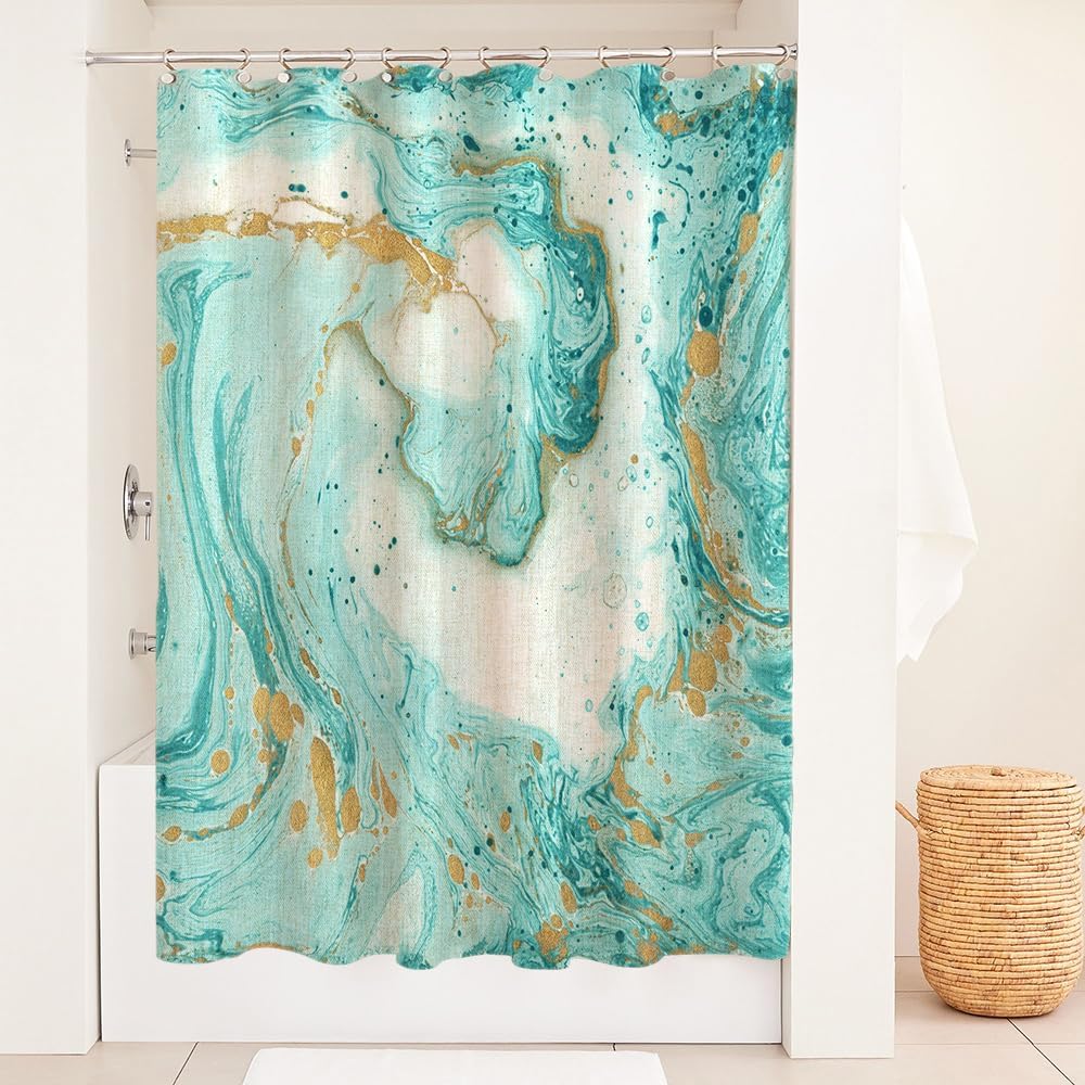 Green Marble Shower Curtain - Watercolor Teal & Gold Lines, Turquoise Aqua, Cotton Linen, Textured Waterproof, Bath Decor"