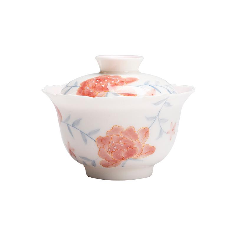 Handmade Ceramic Gaiwan Chinese Tea Set Hand Painted Peony Flowers Gongfu TeaBowl with Saucer for Gift Home Wedding Tea Ceremony 140ml