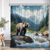 Brown Bear Animal Print Shower Curtain Forest Scenery Snow Mountain Stream Natural Landscape Polyester Bath Curtain With Hook