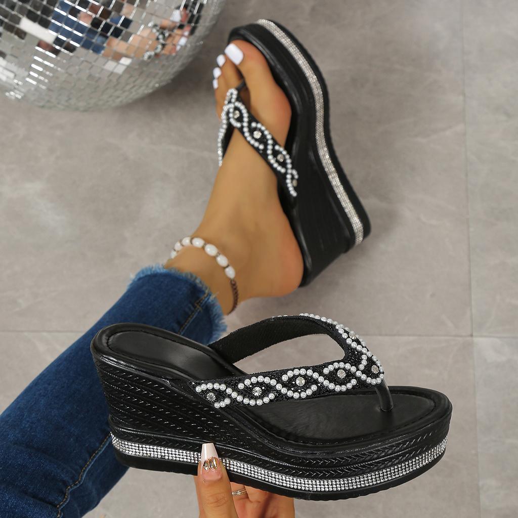 Fashion Pearl Wedge Sandals for Women Fashion Clip Toe Sandals Chunky Platform Slippers Woman Summer Thick Sole Beach Shoes Flip Flops