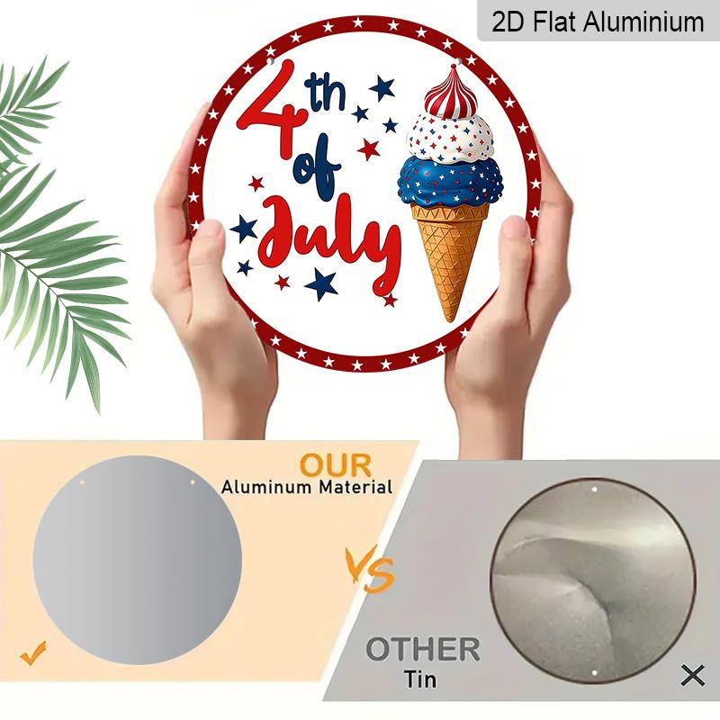 2D Flat 1pc Aluminum Independence Day-Themed Ice Cream Wall Decor 7.87 Inches X 7.87 Inches Patriotic Decor Suitable for Hanging On Front Doors