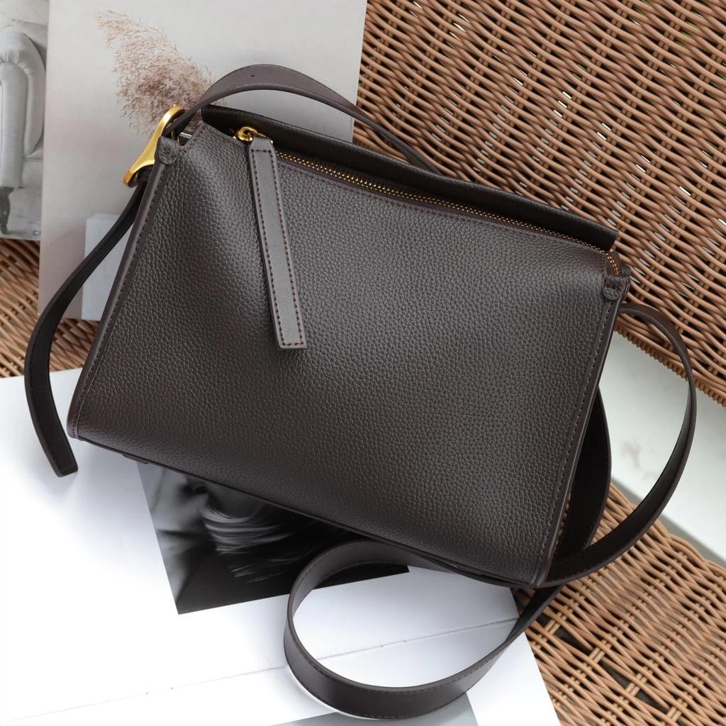 Genuine Leather Women's Shoulder Crossbody Black Bags Luxury Designer Cowhide Wide Shoulder Straps Gray Pillow Bag Ebony Gray