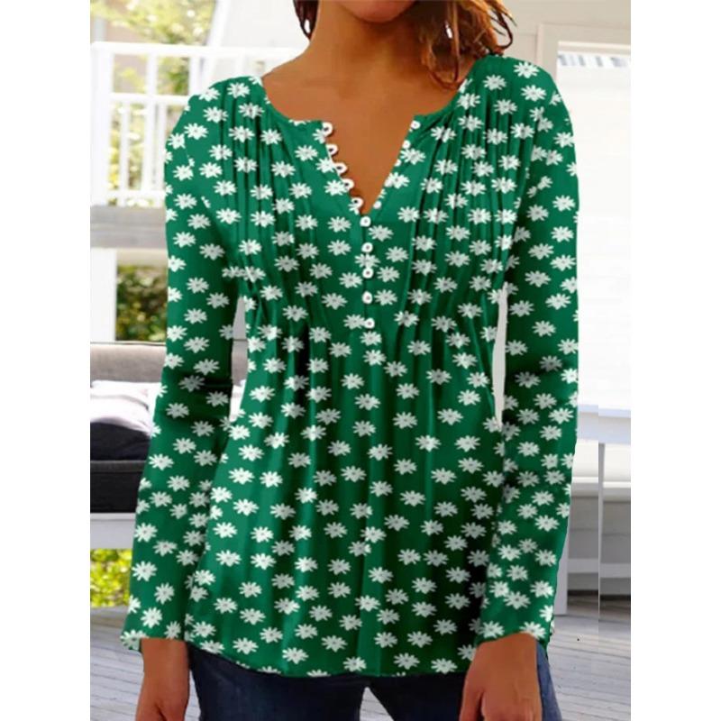 Spring and Summer Women's Blouse Fashion New Women's Floral Print V-neck Short-sleeved Pleated Buttons T-shirt