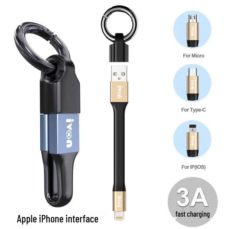 Portable 3-in-1 Keychain Charger: Short Fast Charging Cable for Apple, Android, Type-C Phones.