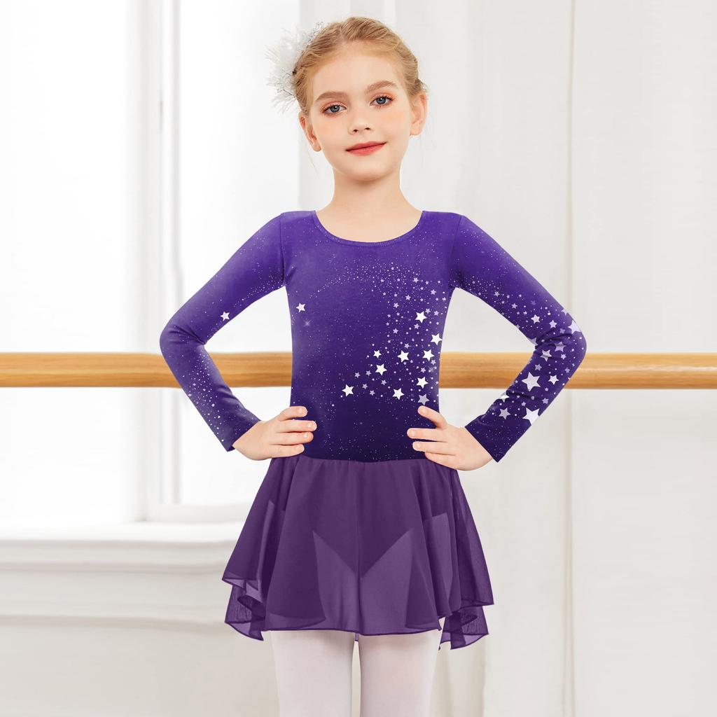 Girls' Color-blocked Romper Long-sleeved Tulle Dress Dance Costume