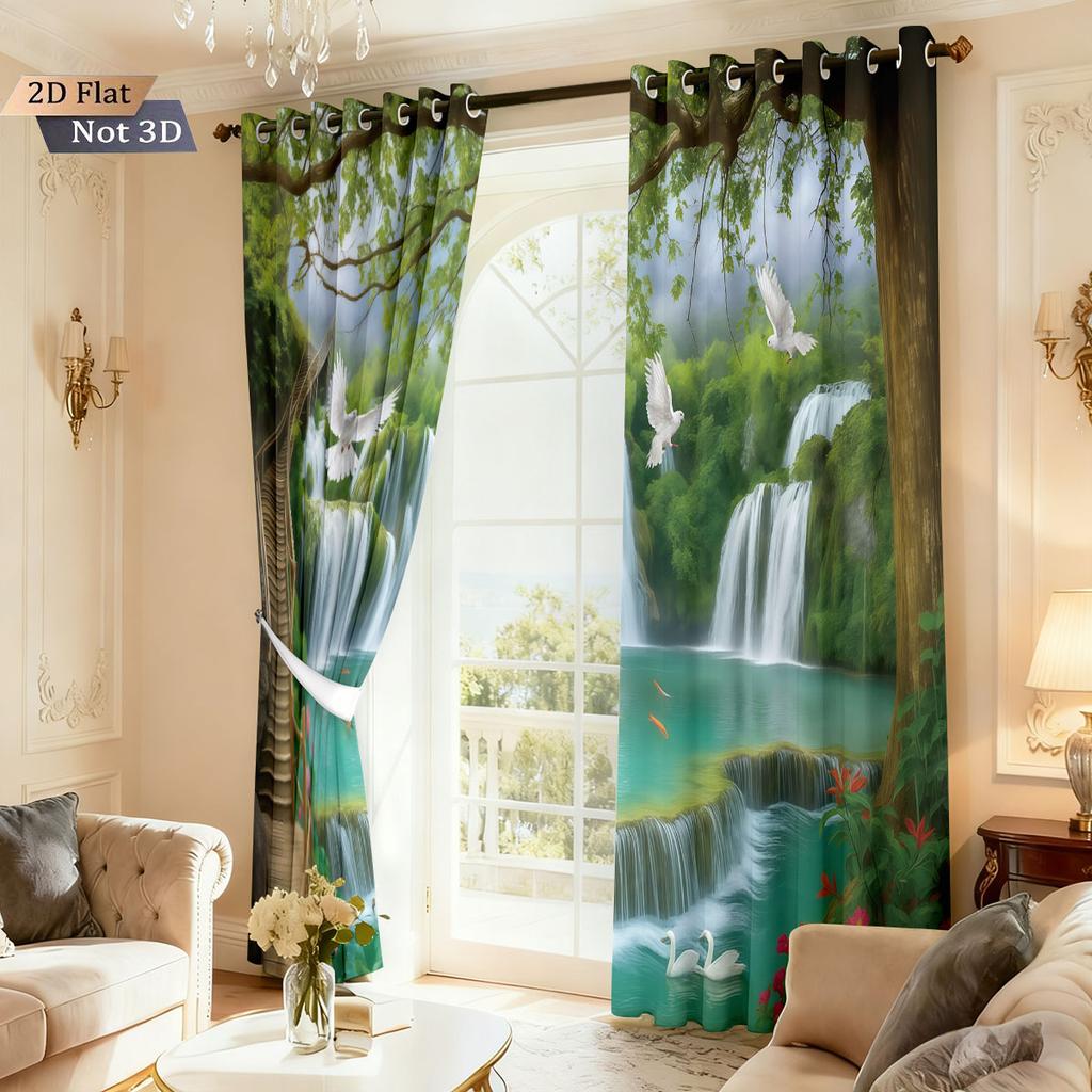 2pcs Natural Scenery Forest Printing Perforated Blackout Curtains   Multi Size Living Room Insulation Decoration