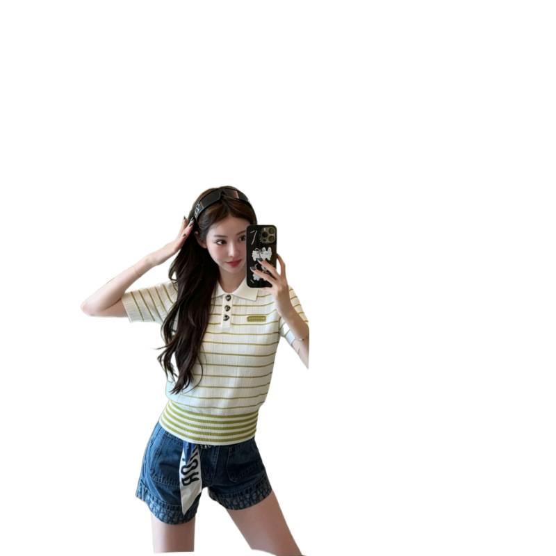 Miu Style High-Quality Summer 2026 Striped Knit Lapel Short Sleeve Loose Casual Top