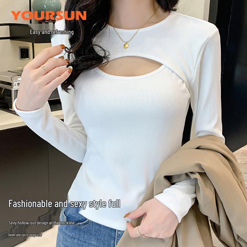 Yiershuang Women's Hollow Design Slim-Fit Long Sleeve T-Shirt