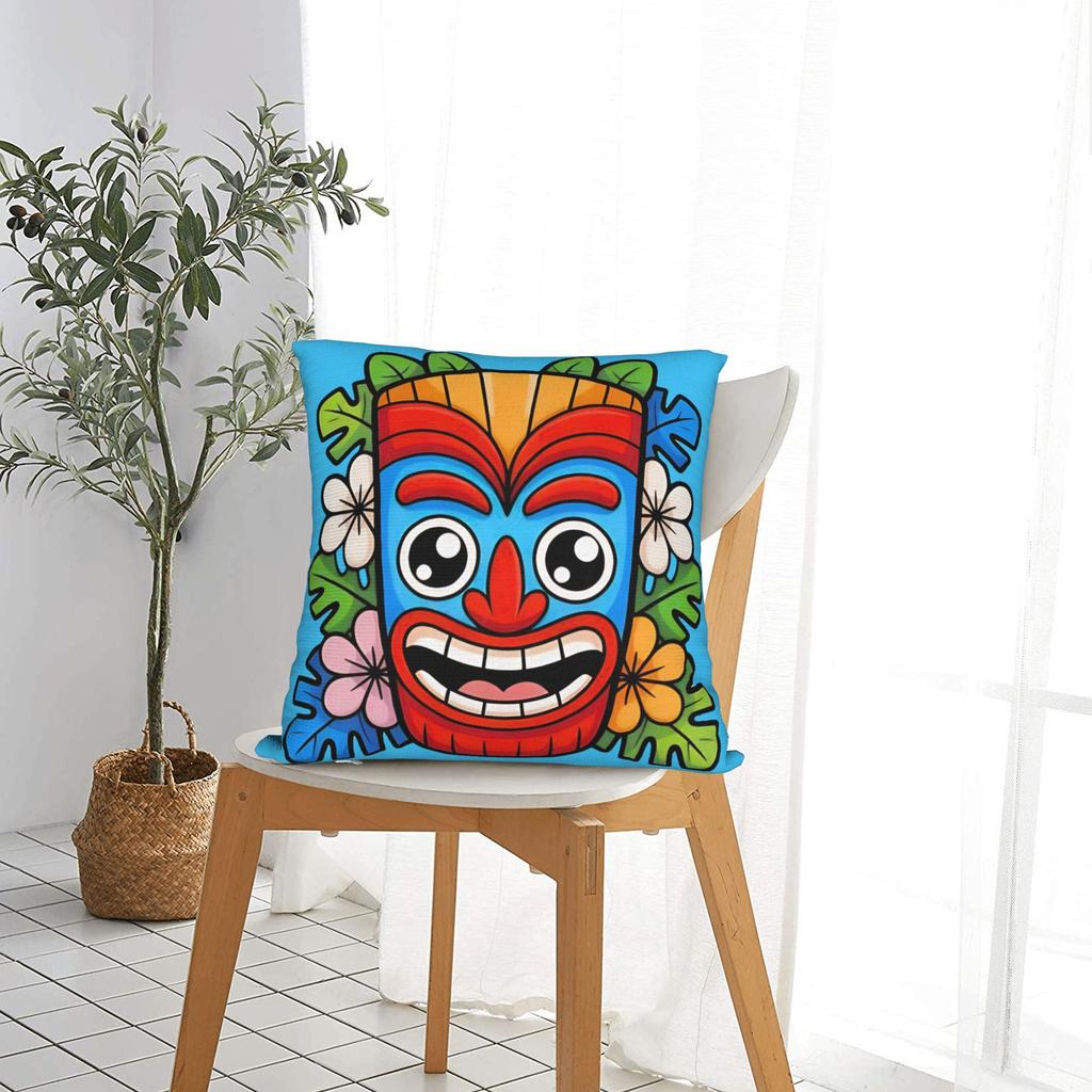 Happy Kawaii Tiki Mask Cute Tropical Cartoon Pillow Case Soft Pillow Cover Cute Funny Cushion Cover For Couch Bed Living Room
