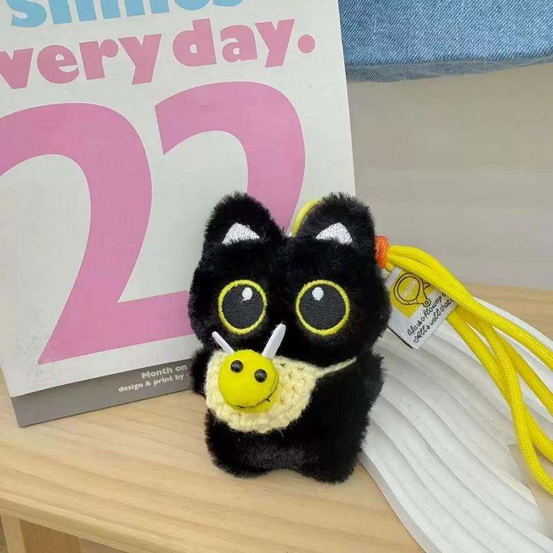 Cute Black Cat Keychain Pendant Backpack Hanging Plush Doll Kitty Cell Phone Charm Bag Keychain Halloween Pendant Keyring Decor