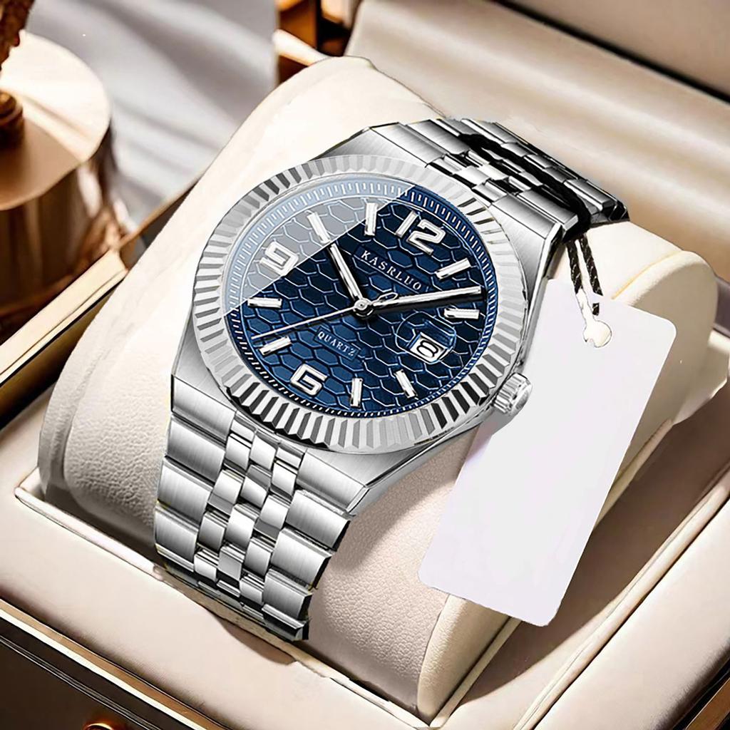 Men'S Watch Stainless Steel Waterproof Non-Mechanical Luminous Calendar Fashion Steel Belt Quartz Watch