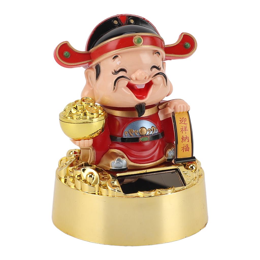 God of Wealth Figurine Solar Powered Automatic Nodding Durable Cai Shen Statue Decor for Home Car