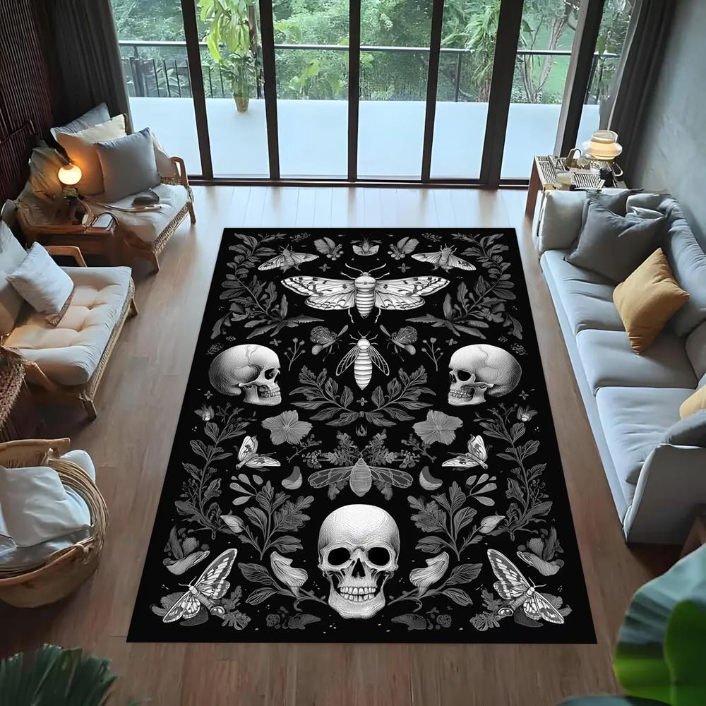 Dark Gothic Skull Moth Print Area Rug, Vintage Occult Botanical Floor Mat for Living Room Bedroom Game Room Dorm Home Decor