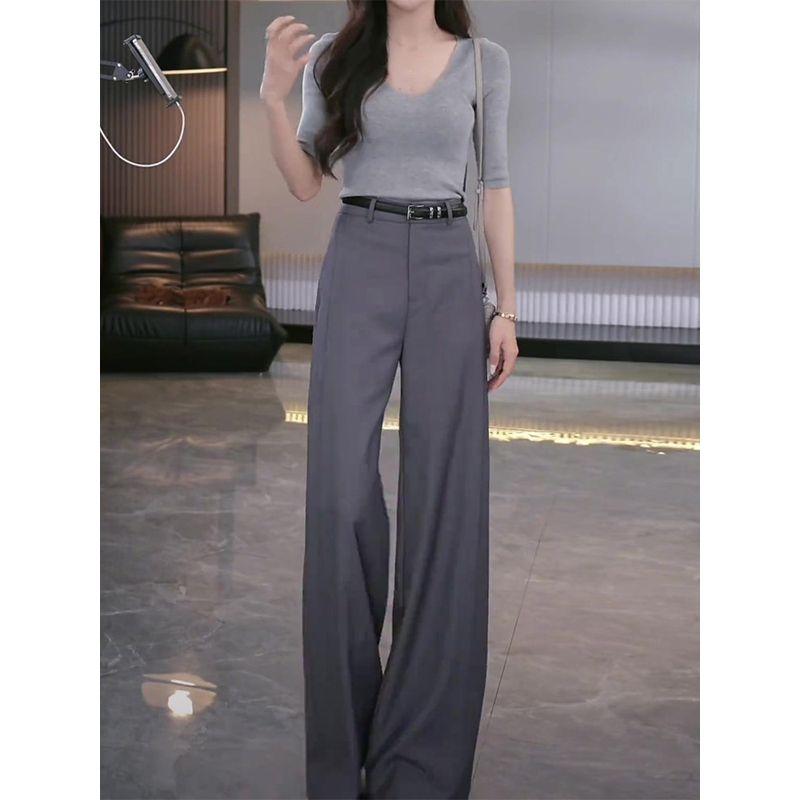 Gray Casual Suit Pants for Women, 2026 Spring New Style, High-End Drape Effect, High-Waisted, Slimming Narrow Wide-Leg Pants